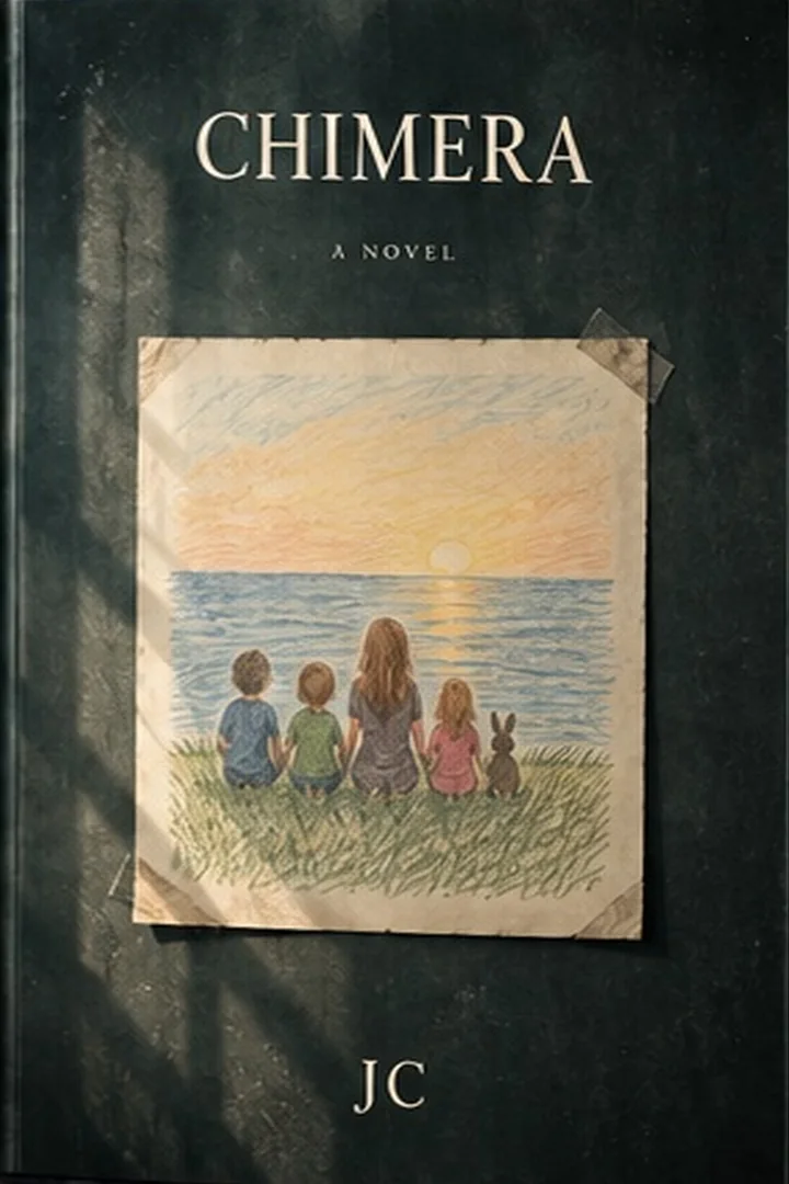 Cover of Chimera by JC: a child’s crayon drawing of children and a rabbit watching the sun set over the sea, taped to a dark green cover.