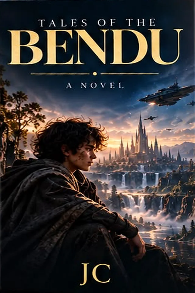 Cover of Tales of the Bendu by JC: a young man in a cloak sits above a city of spires and waterfalls as ships fly overhead.