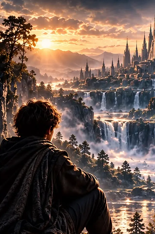 A cloaked figure sits on a ridge at sunset, looking out over waterfalls and a distant city of spires.