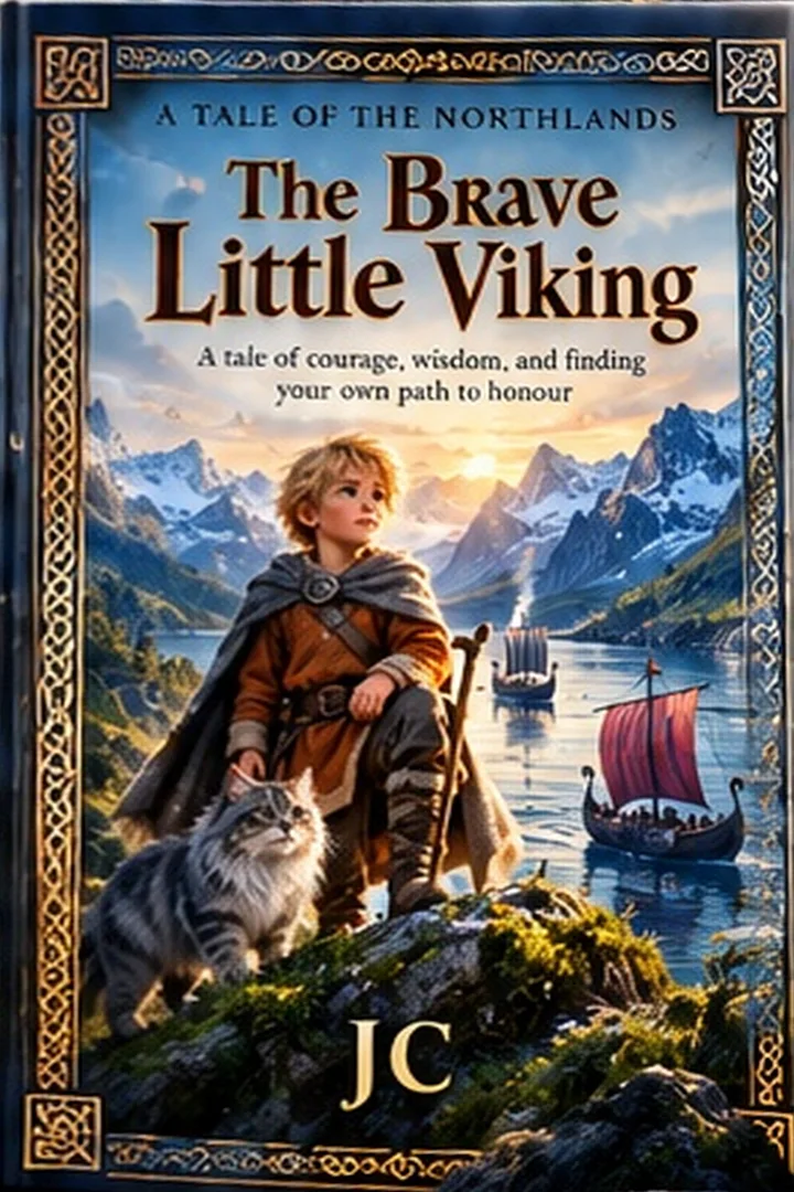 Cover of The Brave Little Viking by JC: a fair-haired boy in a fur cloak kneels beside a cat above a fjord with longships.