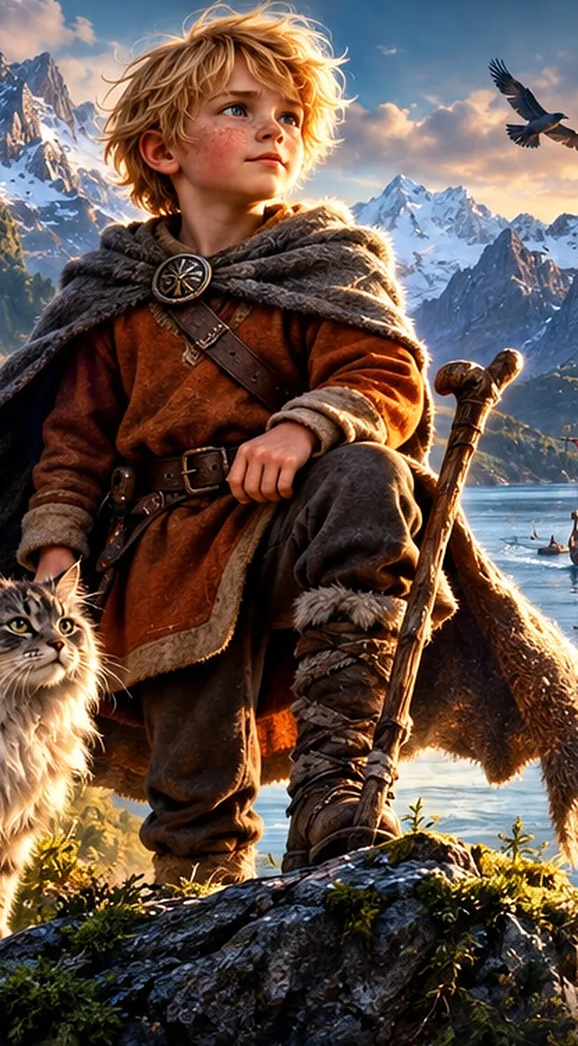 A fair-haired boy in a fur cloak kneels on a rock with a walking staff, a tabby cat beside him and mountains behind.