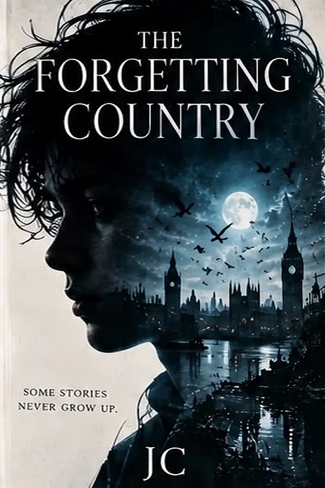 Cover of The Forgetting Country by JC: the silhouette of a boy’s profile filled with a moonlit city skyline.