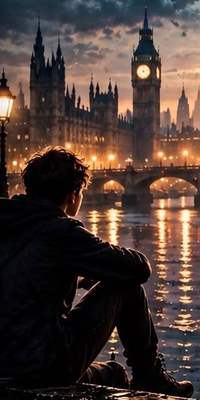 A boy sits on a river wall at night, looking across the water to a clock tower and a lit bridge.