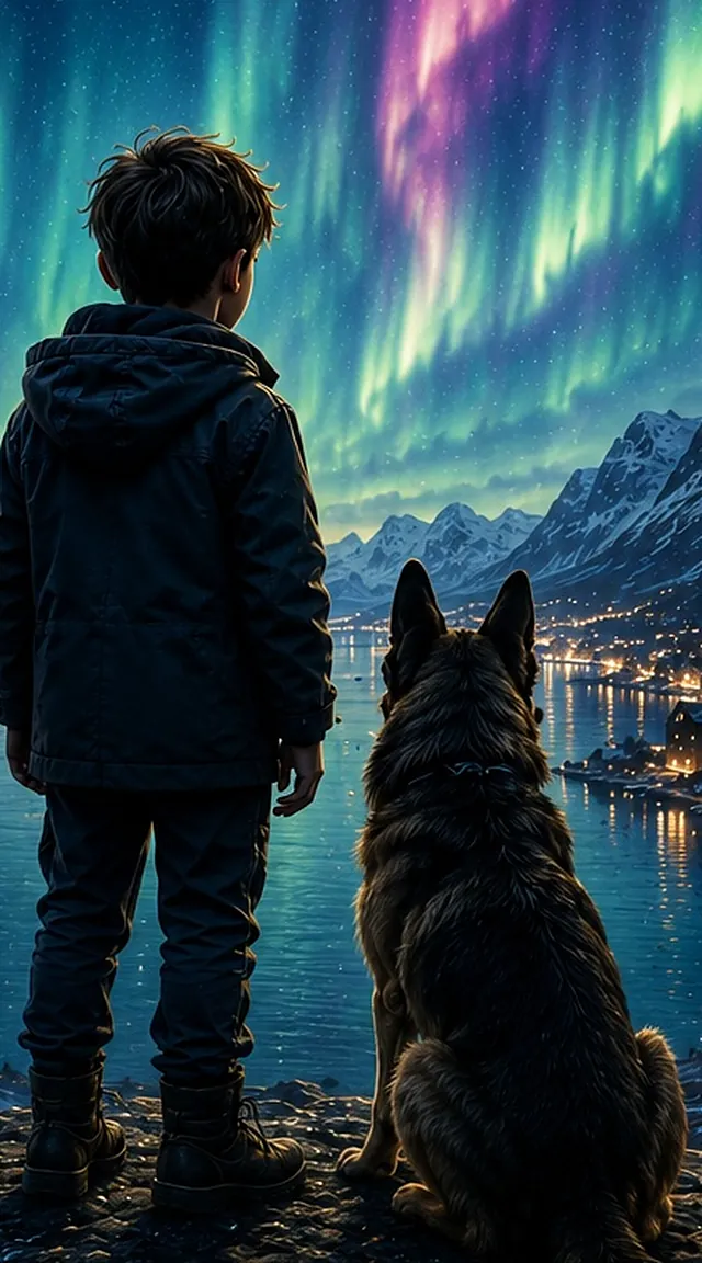 A boy in a hooded jacket and a dog, seen from behind, look down a fjord lit by a town and the northern lights.