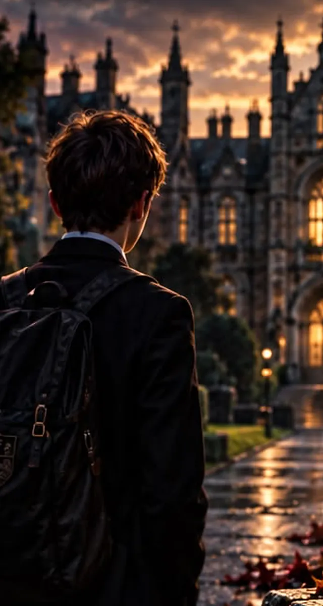 A boy in a dark blazer, seen from behind, faces a gothic school with lit windows at dusk.